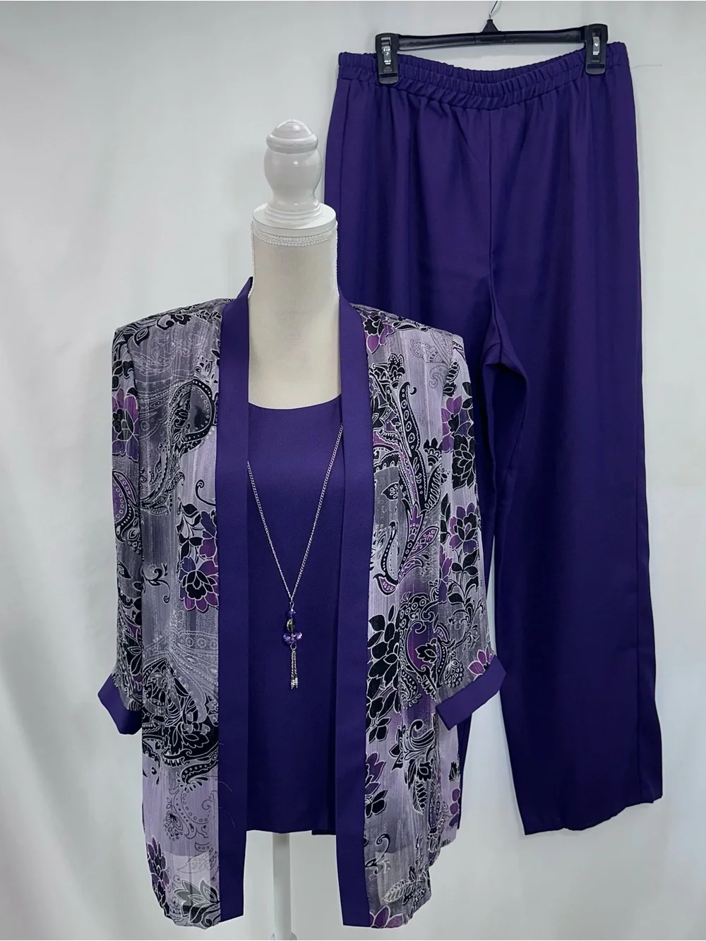 R&M Richards Purple Floral Sheer Overlay Top Set